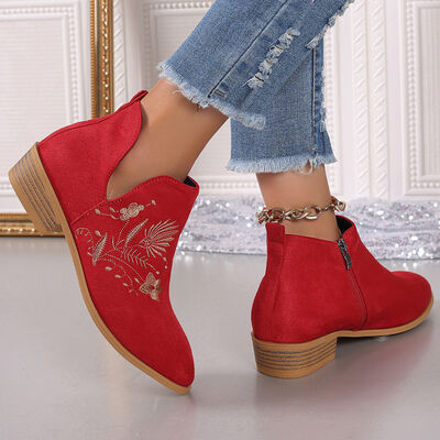 Embroidered Suede Point Toe Block Heel Boots - Munsieur