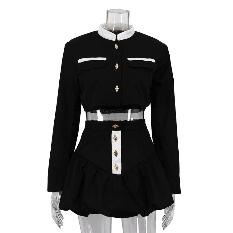 Stand-up Collar Long Sleeve Skirt Two-piece Set - Munsieur