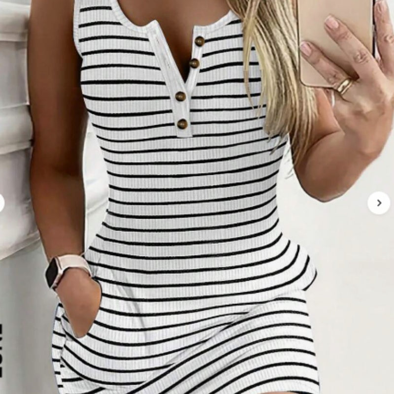 Casual Round Keyhole Pockets Striped Fitted Knit Dress