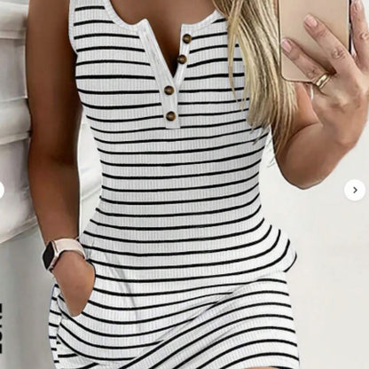 Casual Round Keyhole Pockets Striped Fitted Knit Dress