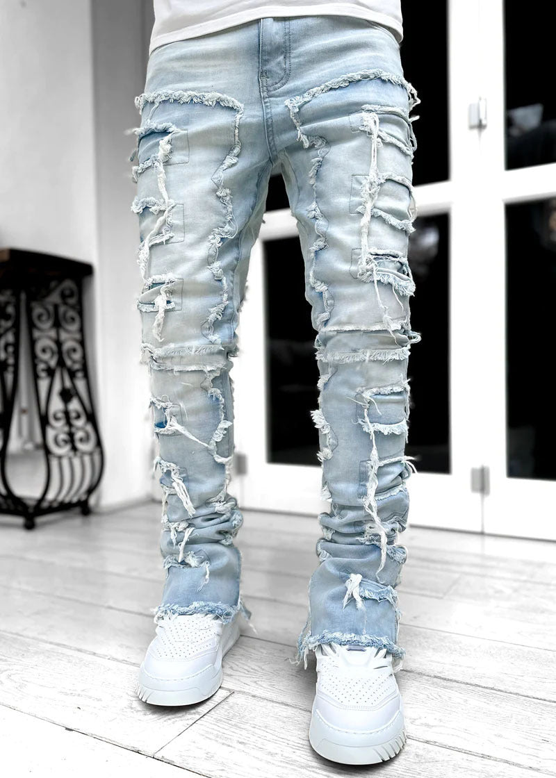 Men's Patched Pants Long Tight Fit Stacked Pants For Men