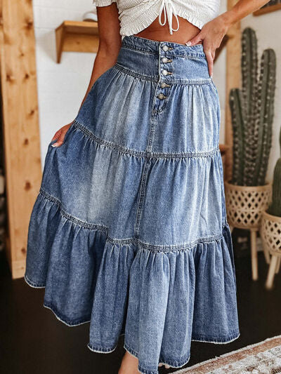 Tiered Button-Fly Denim Skirt - Munsieur