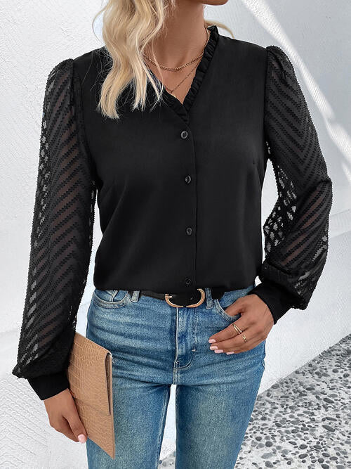 Perfee Mesh V-Neck Button Front Blouse - Munsieur