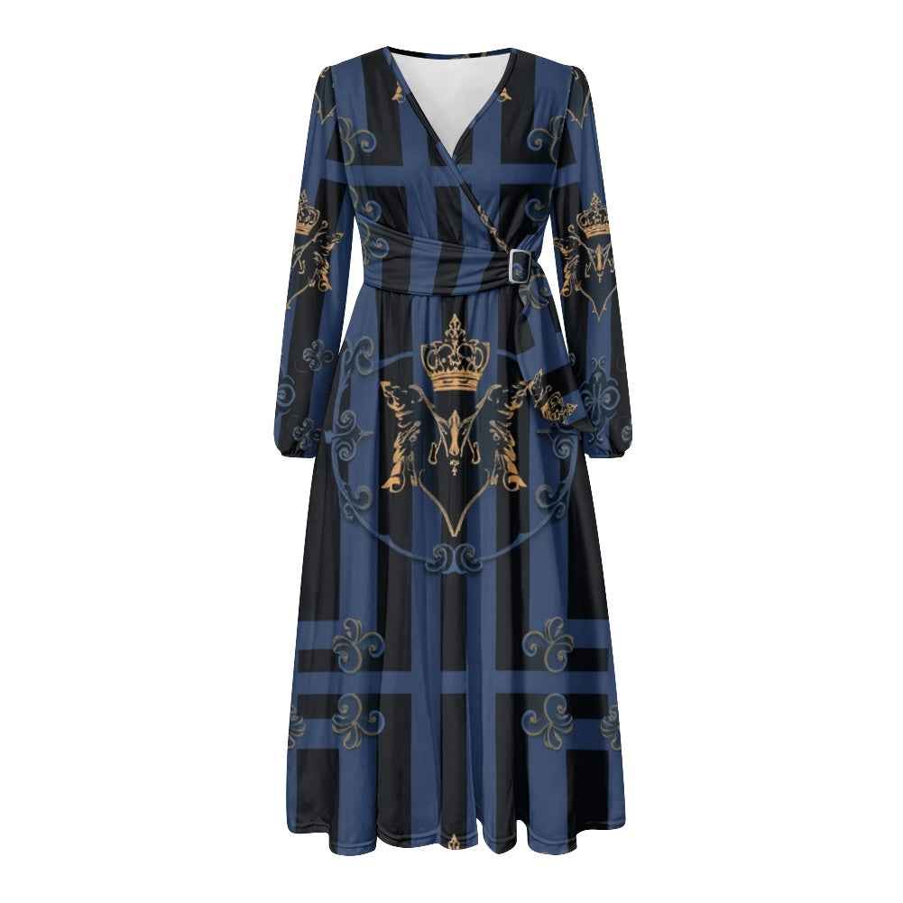 V-Neck Long Sleeve Tie Waist Midi Dress