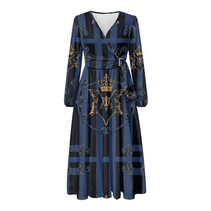 V-Neck Long Sleeve Tie Waist Midi Dress