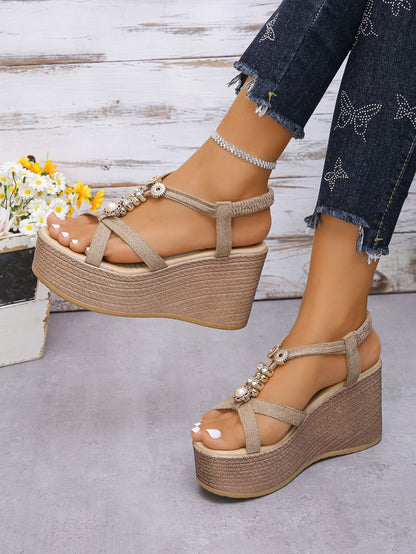 Handmade Beaded Middle Platform Heel Wedges Open Toe