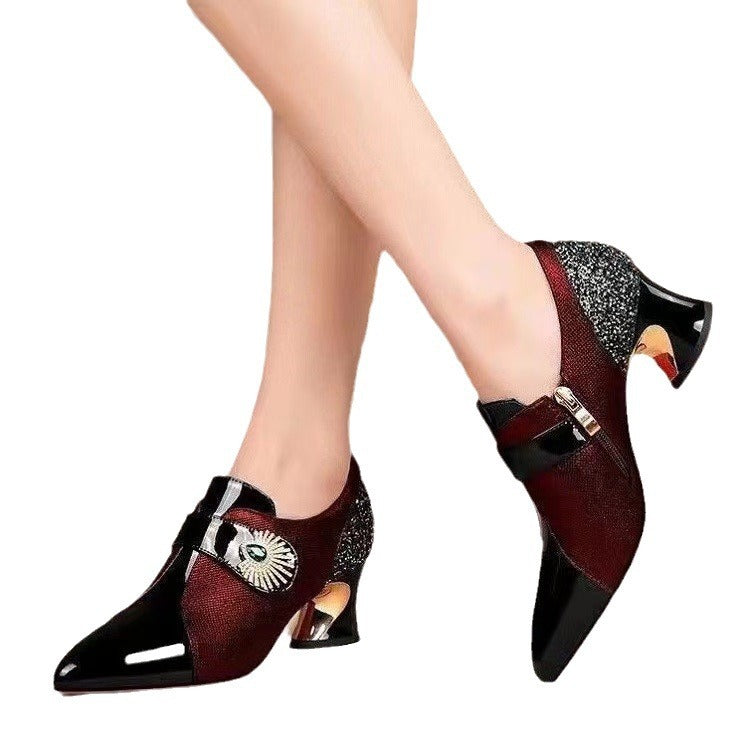 Women's Fashion Rhinestone Soft Leather Mid Heel Deep Mouth Pumps