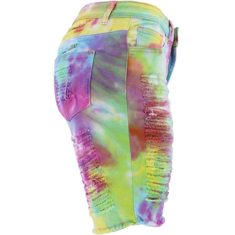 Waist Tie-Dyed Ripped Denim Bottoms