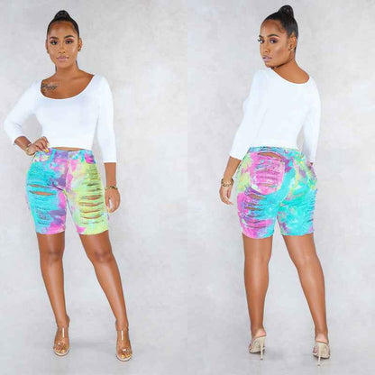 Waist Tie-Dyed Ripped Denim Bottoms