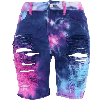 Waist Tie-Dyed Ripped Denim Bottoms