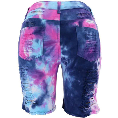 Waist Tie-Dyed Ripped Denim Bottoms