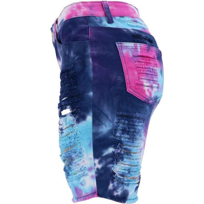 Waist Tie-Dyed Ripped Denim Bottoms
