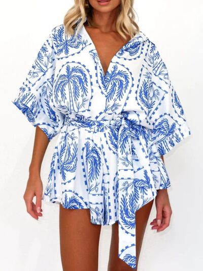 Printed Tie Waist Half Sleeve Romper - Munsieur