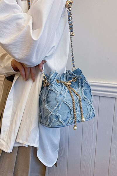 Chain Drawstring Raw Edge Denim Bucket Bag - Munsieur