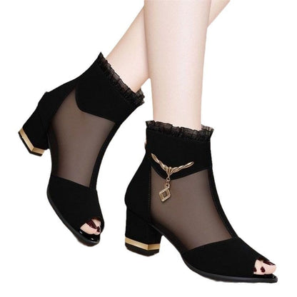 Women's Sexy Frill Hollow Ankle Boots Chunky All Matching - Munsieur