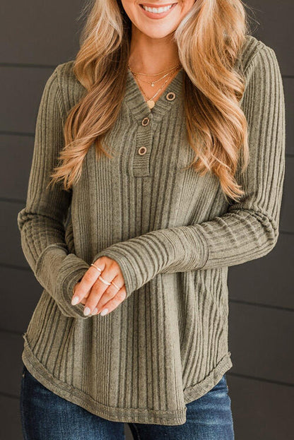 Ribbed Buttoned Long Sleeve Blouse - Munsieur