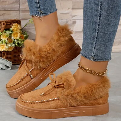 Bow Furry Round Toe Flat Slip-Ons - Munsieur