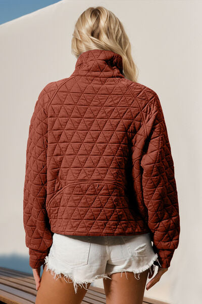 Double Take Half Zip Long Sleeve Quilted Sweatshirt with Pocket - Munsieur