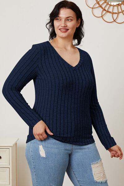 Full Size Ribbed V-Neck Long Sleeve T-Shirt - Munsieur