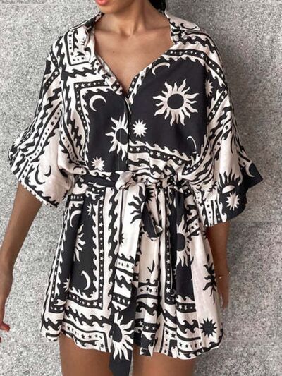 Printed Tie Waist Half Sleeve Romper - Munsieur