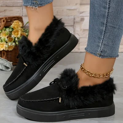 Bow Furry Round Toe Flat Slip-Ons - Munsieur