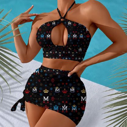 Black patterned two-piece swimsuit with palm leaves on a blue and white background