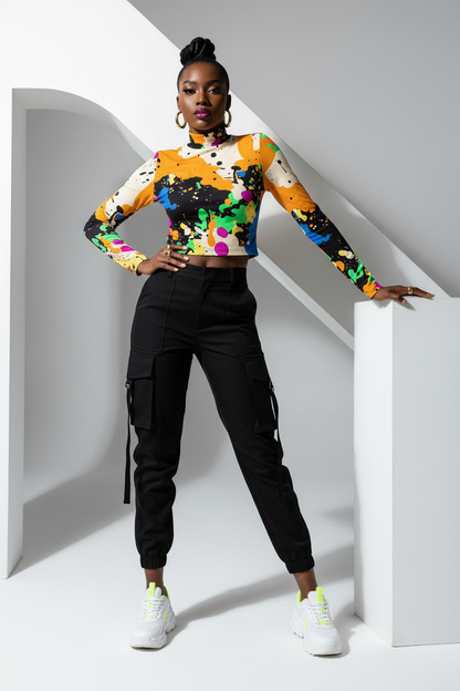MUNSIEUR Eco-Friendly All-Over Print Women's Turtleneck T-shirt Long Sleeve