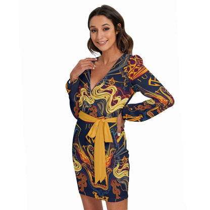 MUNSIEUR All-Over Print Women's Long Sleeve Dress With Waist Belt