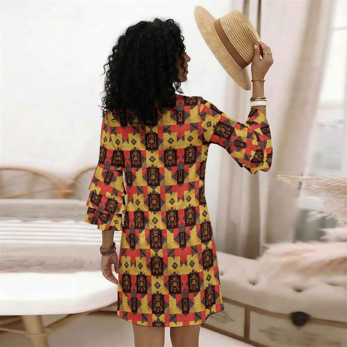 All-Over Print Women's Stacked Ruffle Sleeve Dress