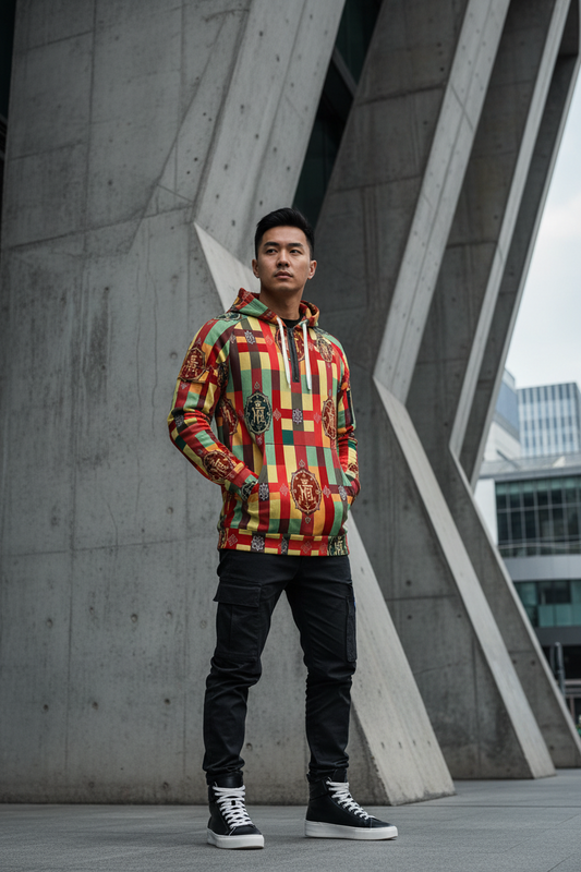 Baju Hoodie Separuh Zip Fleece Lelaki Cetak Seluruh Dengan Poket