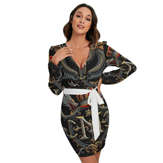 MUNSIEUR All-Over Print Women's Long Sleeve Dress With Waist Belt