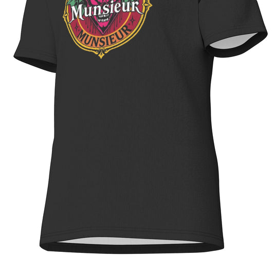 Black t-shirt with a colorful logo and text on a white background