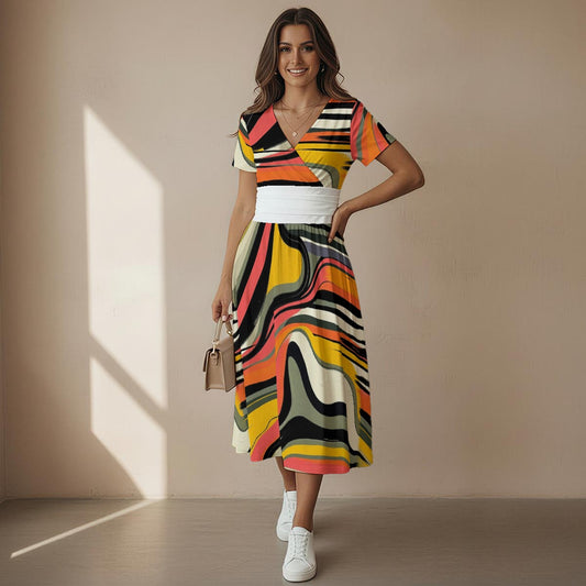 MUNSIEUR All-over Print Women's Short Sleeve V Neck Midi Dress