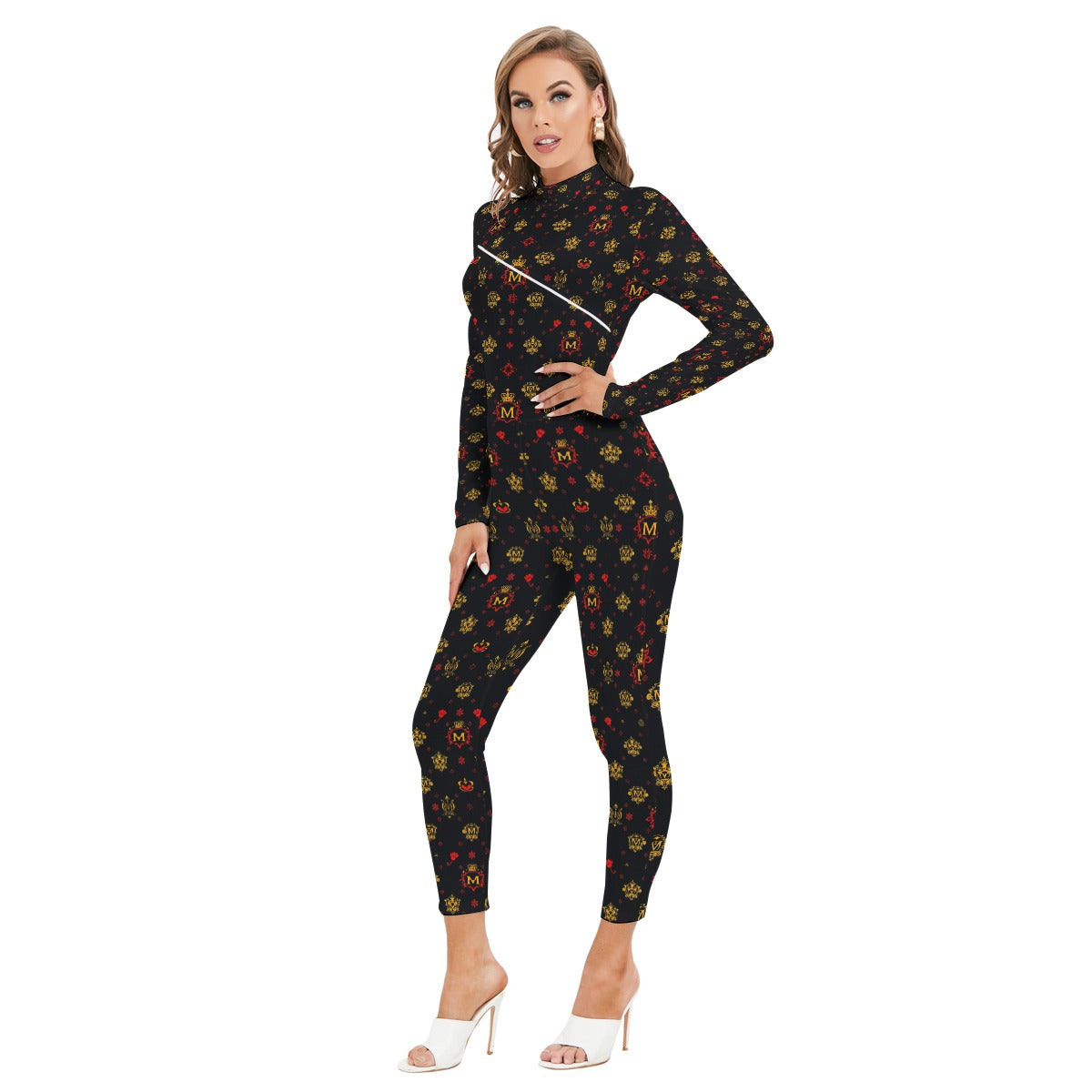Munsieur All-Over Print Women's Long-sleeved High-neck Jumpsuit With Zipper