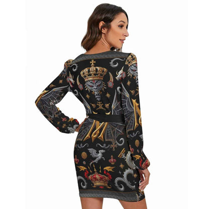 All-Over Print Women's Long Sleeve Dress With Waist Belt