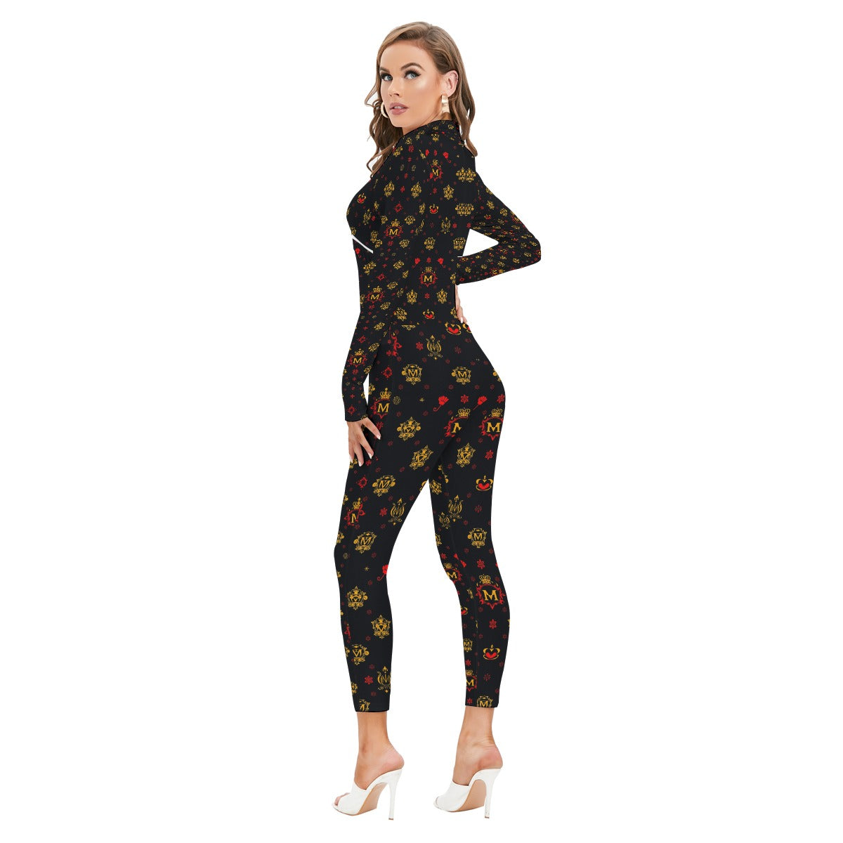 Munsieur All-Over Print Women's Long-sleeved High-neck Jumpsuit With Zipper