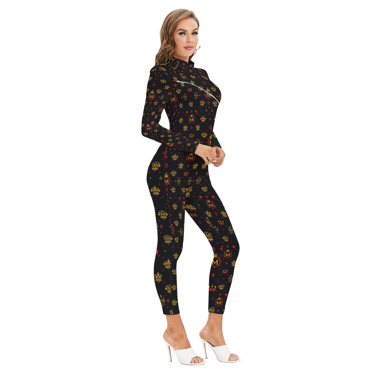 Munsieur All-Over Print Women's Long-sleeved High-neck Jumpsuit With Zipper