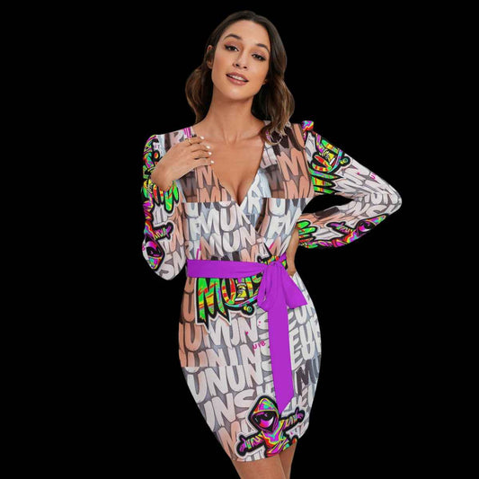 MUNSIEUR Women's Long Sleeve Dress With Waist Belt