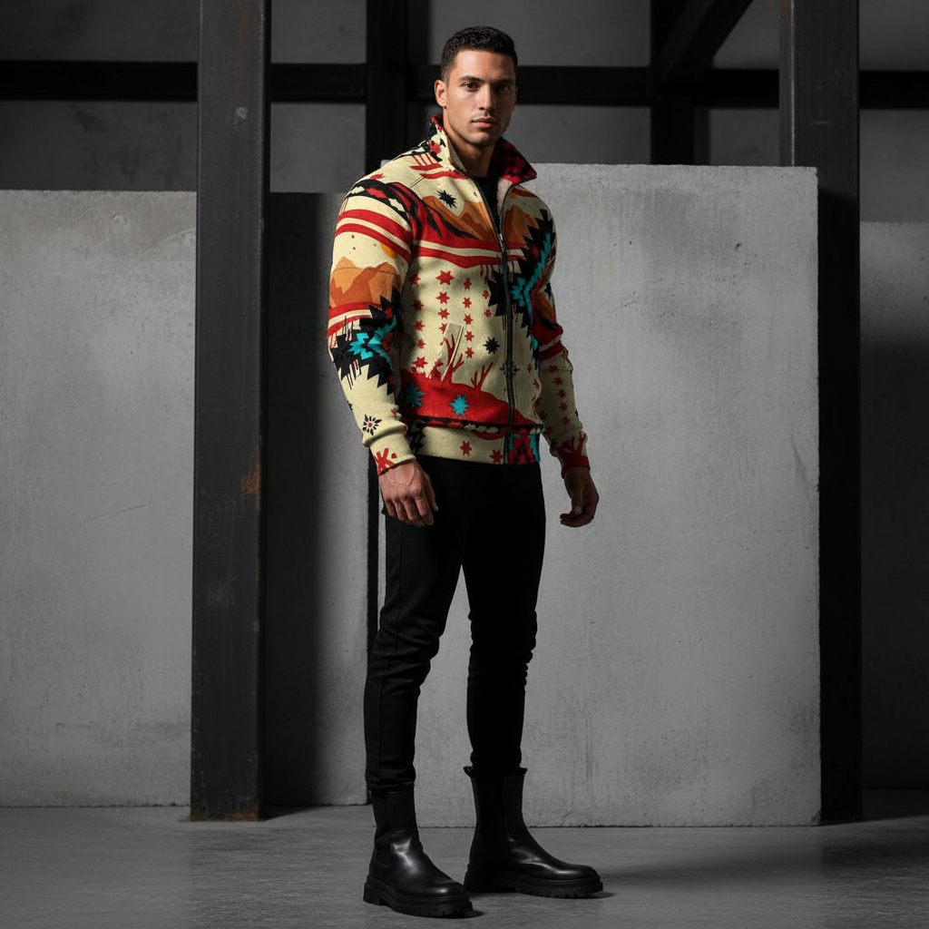 MUNSIEUR All-Over Print Men's Thick Knit Fleece Coat