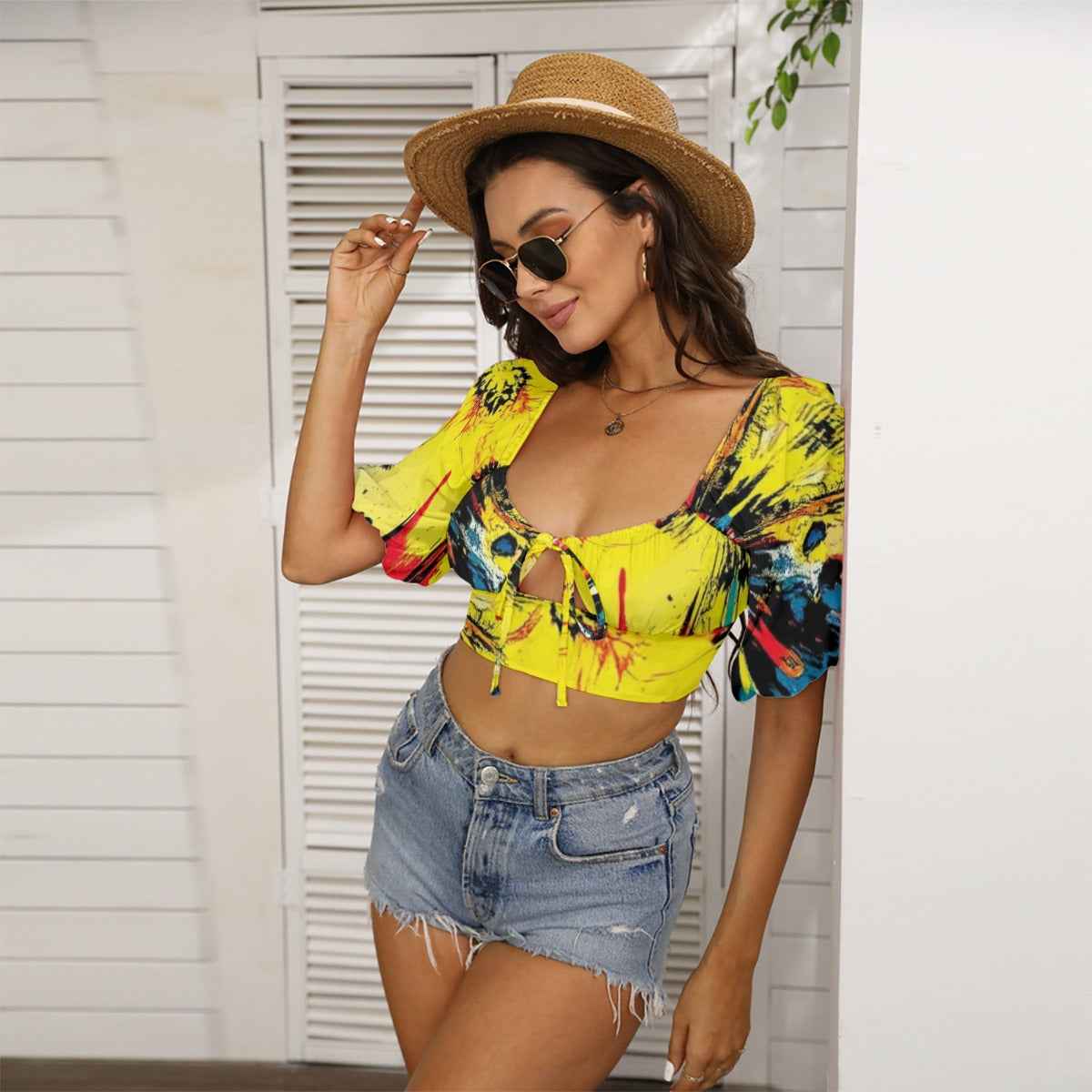 All-Over Print Women's Square Collar Cropped Top With Puff Sleeve