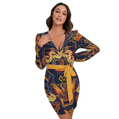 MUNSIEUR All-Over Print Women's Long Sleeve Dress With Waist Belt