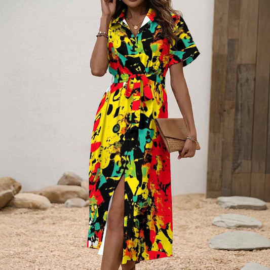 All-Over Print Women's Shirt Dress with Waist Tie
