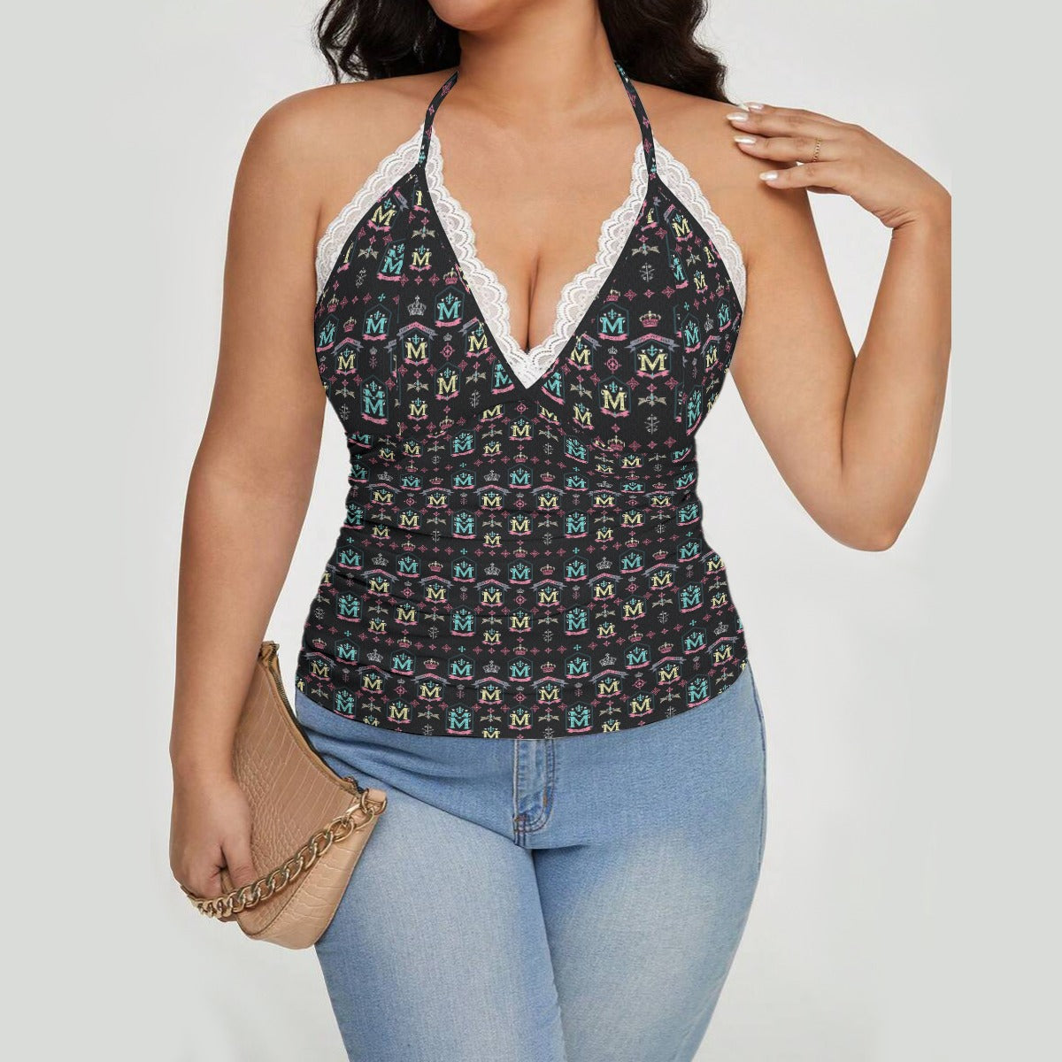 Munsieur All-Over Print Women's Lace-Trimmed Tie-Back Top T-shirt