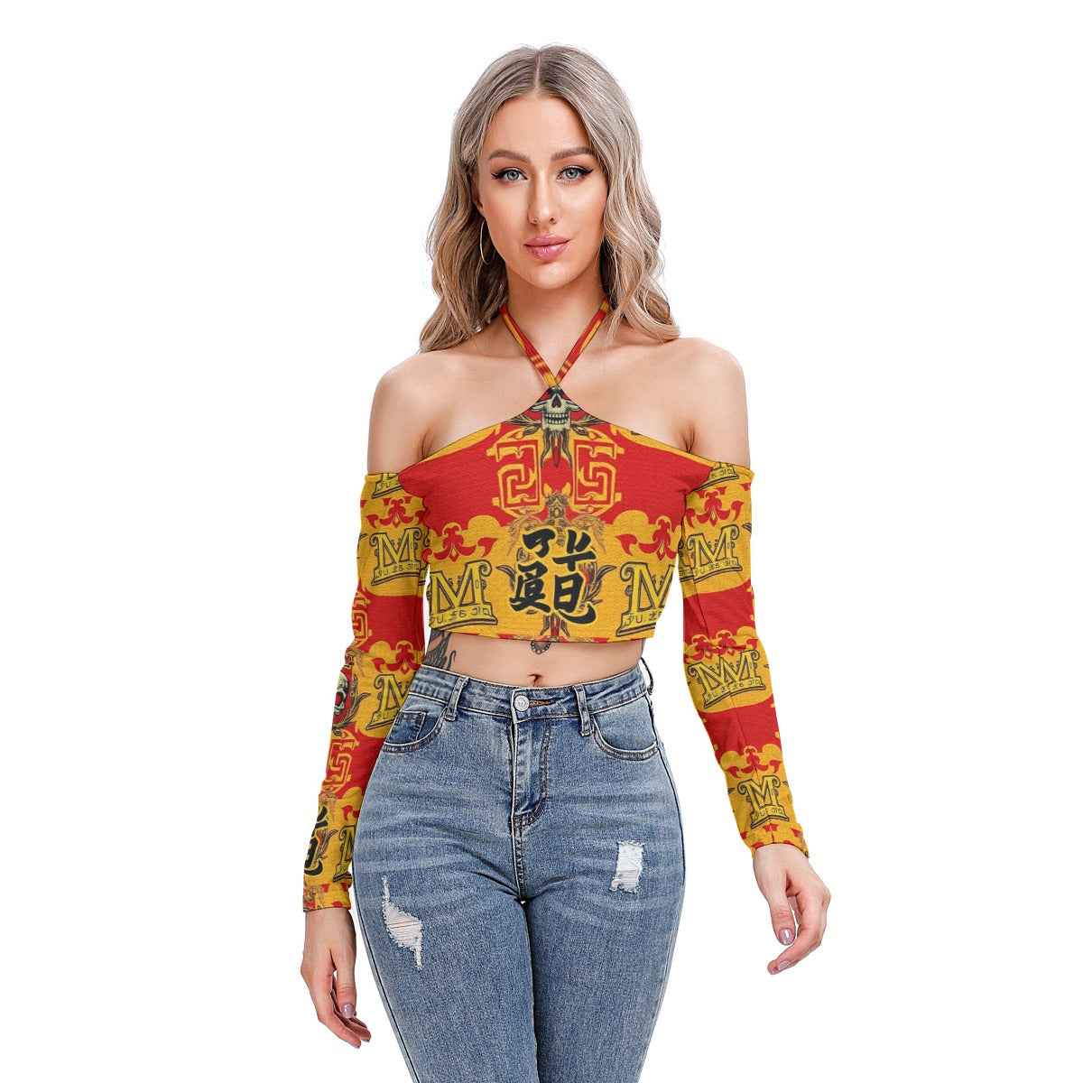 MUNSIEUR All-Over Print Women's Halter Lace-up Top Blouse New Arrivals
