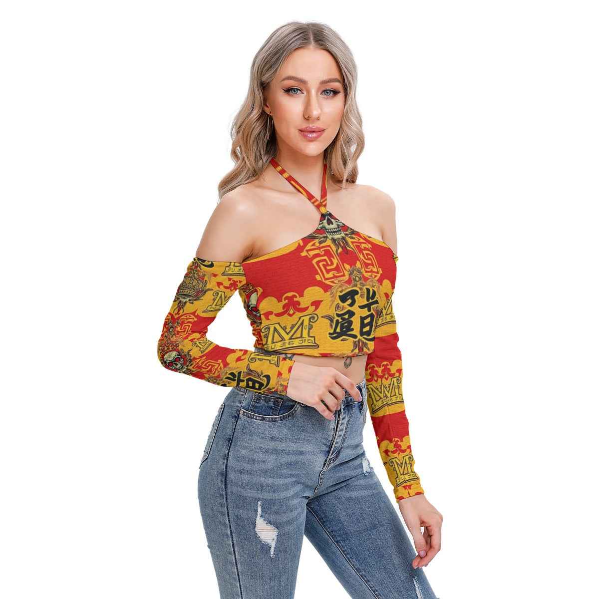 MUNSIEUR All-Over Print Women's Halter Lace-up Top Blouse New Arrivals