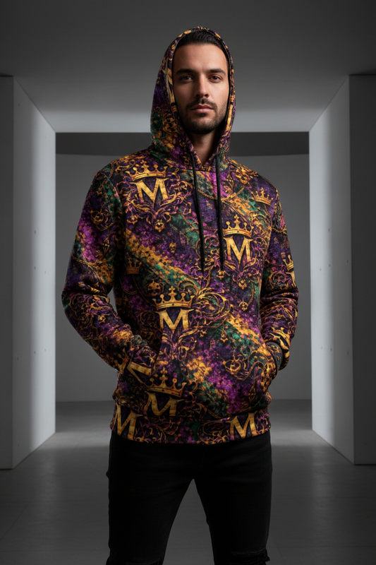 Baju Sejuk Berhud Mardi Gras Lelaki - Cetakan Seluruh Pullover | MUNSIEUR