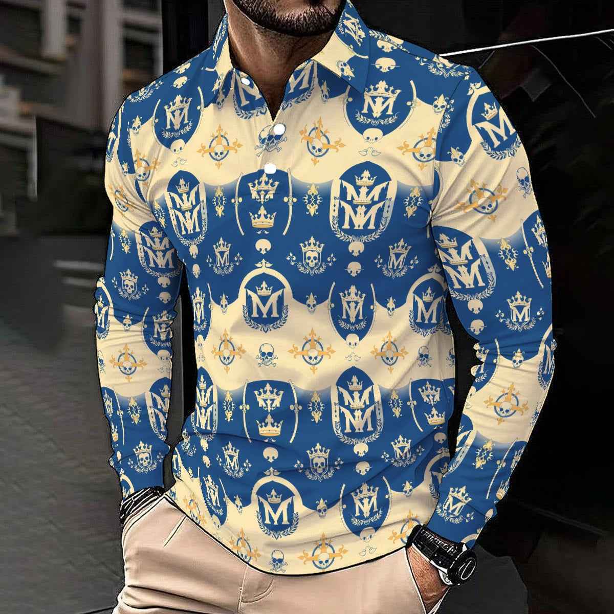 All-Over Print Men's Polo Shirt With Long Sleeve