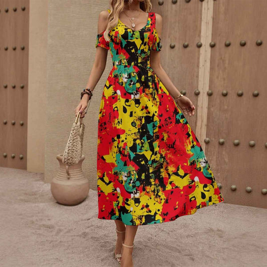 All-Over Print Women's V-neck Off-shoulder Dress