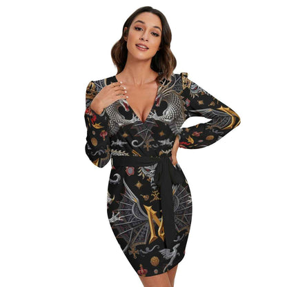 All-Over Print Women's Long Sleeve Dress With Waist Belt
