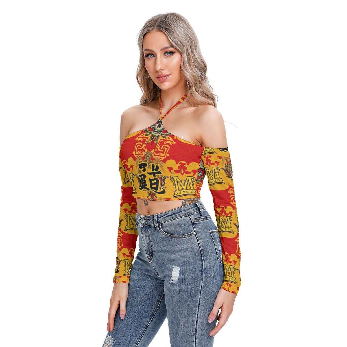 MUNSIEUR All-Over Print Women's Halter Lace-up Top Blouse New Arrivals